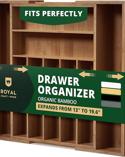 ROYAL CRAFT WOOD Luxury Bamboo Kitchen Drawer Organizer - Silverware Organizer - Utensil Holder and Cutlery Tray with Grooved Drawer Dividers for Flatware and Kitchen Utensils (9 Slot, Brown Bamboo)