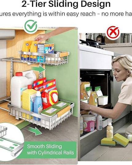Under Sink Organizer, Stainless Steel 2 Packs 2 Tier Under Sink Organizers and Storage, Slide out Pull out Cabinet Shelf, Sliding Drawer for Kitchen Bathroom Pantry Cabinet Closet Organization Rack