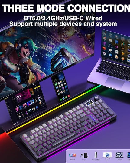 AULA S98 Pro Wireless Mechanical Keyboard with Screen & Knob,2.4GHz/USB-C/BT5.0 Hot Swappable Creamy Keyboard,Pre-lubed Linear Switches,Side Printed PBT Keycaps,RGB Backlit Gaming Keyboards