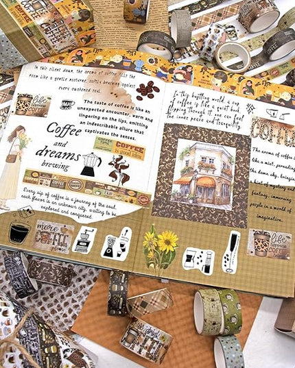 KOVANO Coffee Themed Washi Tape Set, 14 Rolls Vintage Crafts Tape, Art Decorative Tape for Scrapbooking Supplies, Junk Journal, Bullet Journaling, Vision Board Supplies