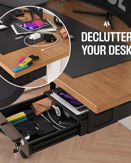 Under Desk Drawer Slide-Out – Lockable Metal Storage Drawers with Cable Management for Office & Home (Double, Bracketed)