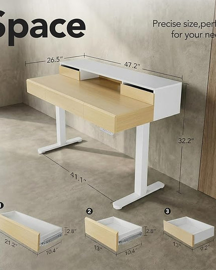 ErGear Electric Standing Desk with 5 Solid Wood Drawers, 48 x 26 Inches Whole Piece Desktop, with Desktop Riser Stand, Compatible with C-Clamp Monitor Arms, Modern Office Desk, Light Walnut