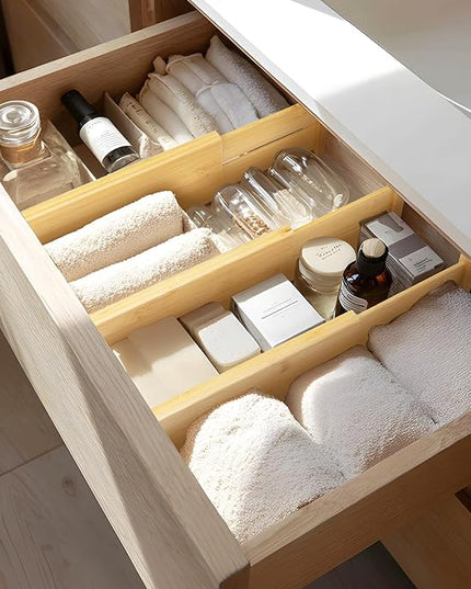 VaeFae 3 Pack Bamboo Drawer Dividers, 4" High Adjustable 16.6" - 21.8" Clothes Drawer Organizers, Expandable Separators for Bedroom/Bathroom/Kitchen/Office Storage