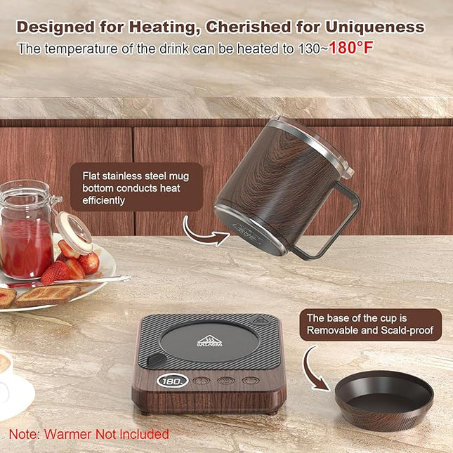 Felibeaco 16oz Heated Coffee Mug With Flat Bottom for Rapid Heating, Stainless Steel Cup for Different Warmer/Heaters, Suitable for Home and Office Desk, Wood, No Warmer