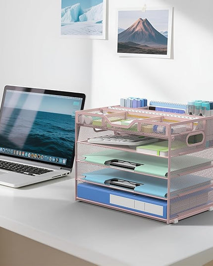 Docnest 5 Tier Mesh Desk Organizer- Letter Tray with Adjustable Compartments, Mesh Desktop Storage Built in Pen Holder and Handles, Desk Organizer Tray for Mail Documents Office Supplies–Pink