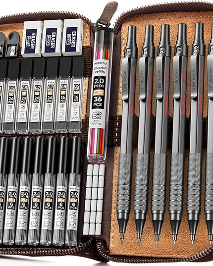 Nicpro 33PCS Black Metal Mechanical Pencil Set in Leather Case, Art Drafting Pencil 0.3, 0.5, 0.7, 0.9 mm, 2mm Lead Holders for Sketching Drawing with 18 Tube (6B 4B 2B HB 2H 4H Colors) Lead Refills