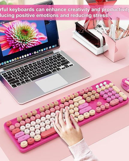 Wireless Keyboard and Mouse Combo, Ergonomic Full Size Typewriter Retro Round Keycaps Keyboard, Compatible with Windows, PC, Perfer for Home and Office Keyboards （Red）
