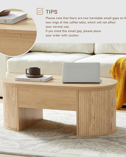 QHITTY Fluted Coffee Table with Lifting Top, Oval Wood Lift Top Coffee Table with Hidden Compartment, Mid Century Pull up Center Tables for Living Room, Office - Natural