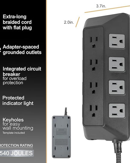 GE UltraPro 12-Outlet Surge Protector, 8 Ft Braided Extension Cord, Multi Plug Outlet Extender, Adapter Spaced, Flat Plug, for Home, Office, Dorm, 3540 Joules, Black, 81784