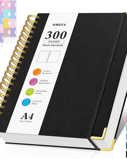 Blank Spiral Notebook: Sketch Book 8.5" X 11", Hardcover Sketchbook, 300 Pages Leather Unlined Notebook for Women Men,100GSM Thick Paper Journal, A4 Large Art Sketchbook for Drawing Writing Work,Black