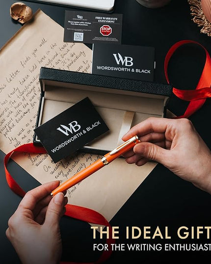 Wordsworth & Black Fountain Pen Set, 18K Gilded Medium Nib, Includes 24 Pack Ink Cartridges, Ink Refill Converter & Gift Box, Gold Finish, Calligraphy, [Orange], Perfect for Men & Women
