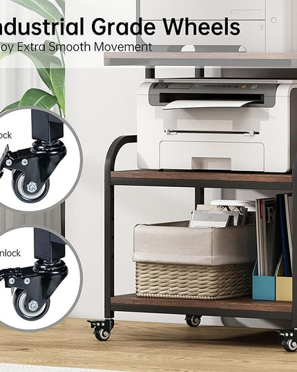 Large Printer Stand with Adjustable Storage Shelf, 3 Tier Printer Cart with Wheels for Home Office Organization, Rolling Table Stand for Heat Press Mini Fridge, Industrial Style