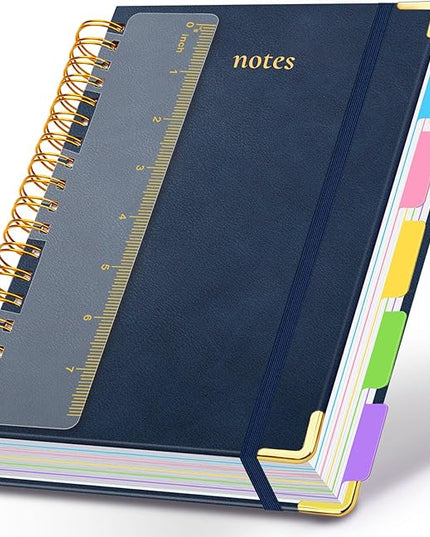Hardcover Spiral Notebook 6.2"x 8.2" Journal Notebook with Tabs and Removable Dividers 300 Pages 5 Subject Notebook College Ruled, Faux Leather Spiral Bound Notebook for Women School Work(Dark Blue)