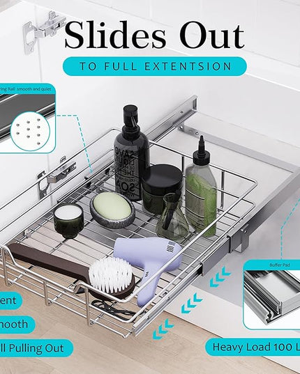 Pull Out Cabinet Organizer 11" W X 22" D, Slide Out Drawers For kitchen organizers and storage, Pull Out Drawers For Cabinets Capacity Heavy Duty Caddy, Cabinet Shelves Chrome-Plated, Bathroom Pantry