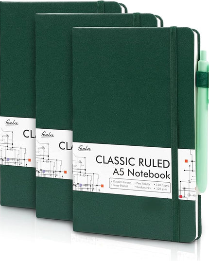 feela 3 Pack Notebooks Journals Bulk with 3 Black Pens, A5 Hardcover Notebook Classic Ruled Lined Journal Set with Pen Holder for Work Business Journaling Note Taking, 120 GSM, 5.1”x8.3”, Dark Green