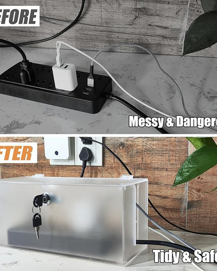 Cable Management Box with Lock,Cable Organizer Box & Power Strip Cover,Frosted Acrylic, Wire Storage and Organization for Cords,Suitable for TV, Computer,Child and Pet Proof(2PC)