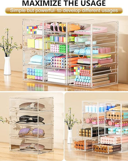 Acrylic 3 Pack Desk Organizers and Accessories, Makeup Organizer Storage With 15 Drawers, Desk Organizers, Dustproof Drawer Organizer and Storage for Make Up, Jewelry, DIY Pen