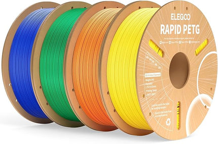 ELEGOO Rapid PETG Filament 1.75mm Bundle 4KG, High Speed 30-600mm/s 3D Printer Filament Accuracy +/- 0.02 mm, 1kg Cardboard Spool(2.2lbs) Fits for Most FDM 3D Printers(Blue,Green,Orange,Yellow)