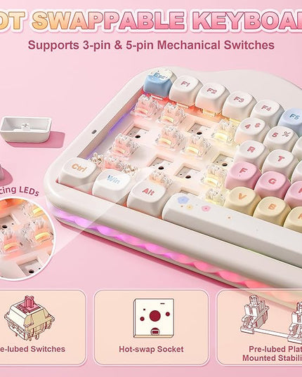 YUNZII C75 Wireless Mechanical Keyboard,75% Layout, Hot-Swappable NKRO,BT5.0/2.4G/USB-C Mode,Dye-Sub PBT MOA Keycaps,RGB Gasket Mount,Cute Cake Design for Mac/Win/Gaming (Beige, Milk V2 Switch)
