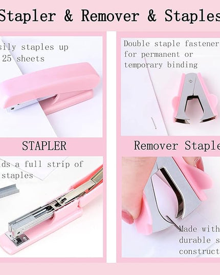 Pink Office Desk Accessories Supplies, 12pcs Desk Organizers and Accessories with Tape dispenser and Stapler,Staples,Staple Remover,Pen Holder,Scissor,Ruler,Sticky Tabs,Tape,Ballpoint Pen,Clips Set