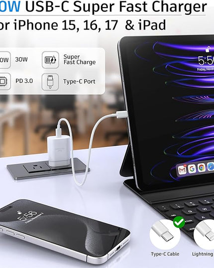 USB C Block 30W PD Super Fast Charging Block Type C Plug Cube Wall Adapter Power Brick USB C Charger Block for iPhone 17, 17 Air, 17 Pro Max,16,16e,15,14,13,12,11, iPad, mini, Galaxy S25, S24