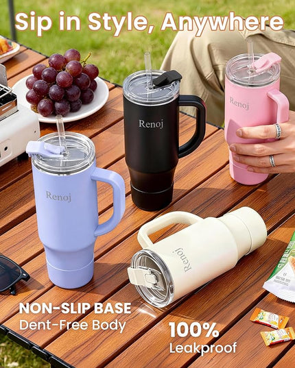 Renoj Tumbler with Handle 100% Leak Proof Insulated Water Bottle for Iced Coffee & Hot Drinks - Fits Car Cup Holder, Ideal Gift, 2 Straws & Silicone Boot BPA-Free - SnapShift Pink 40 oz