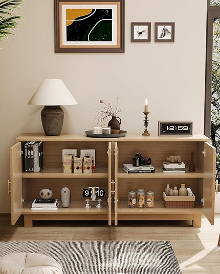 Maggym 63" Sideboard Buffet Cabinet with Storage, 4-Door 2-Tier Storage Cabinet, Multi-Use Organizer for Living Room & Dining Room, Oak