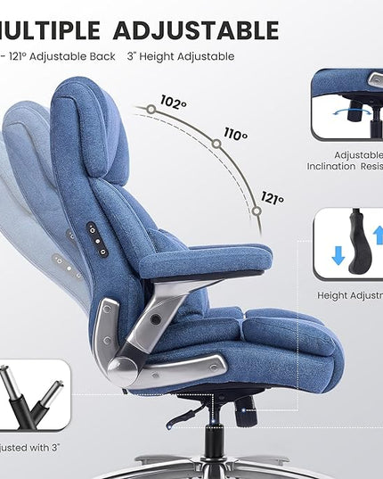 750lbs Heavy Duty Desk Chair with 3D Kneading Massage, Big and Tall Office Chairs with Ergonomic Support, 4D Armrests, 5 Quiet Dual Rubber Wheel, Thick Pocket Spring Cushion(Blue, Fabric)
