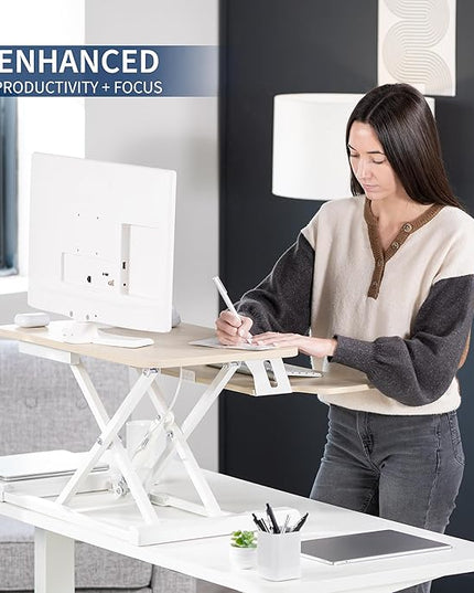 VIVO 26 inch Desk Converter, K Series, Height Adjustable Sit to Stand Riser, Dual Monitor and Laptop Workstation with Keyboard Tray, Light Wood Top, White Frame, DESK-V026KF