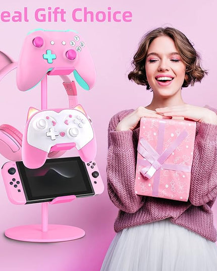 Controller Holder Pink,Headphone Stand,3 Tier Multi Adjustable Game Controller Headset Hanger for All Universal Gaming PC Accessories, Xbox PS4 PS5 Nintendo Switch(Cute Pink)