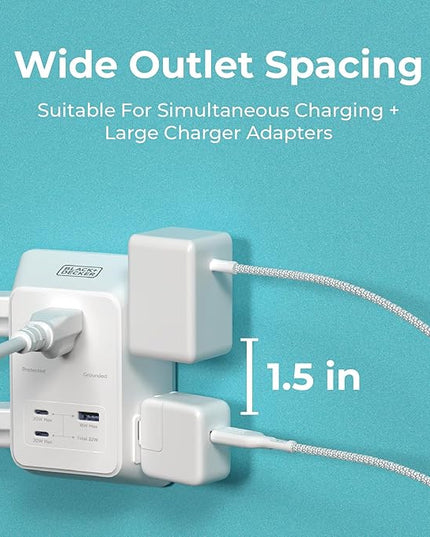 BLACK+DECKER PD USB Wall Charger Surge Protector, 5 Outlet Extender w/ 2 USB C PD & 1 USBA Charging Ports, Fast Charge 3 Sided Power Strip Multi Plug Outlets Wall Adapter for Home Office, ETL Listed