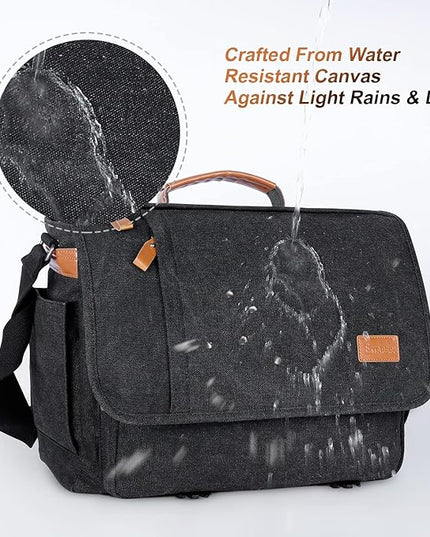 ESTARER Messenger Bag 17-17.3 Inch, Men's Computer Satchel Water-resistant Canvas, Teacher Laptop Briefcase for Work Office College, Dark Grey