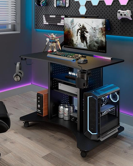 EUREKA ERGONOMIC Gaming Desk Computer, 37" Rolling Desk on Wheels for Small Space, Mobile Computer Cart with Pegboards Adjustable Shelves for Gaming PS Switch Home Office - Black