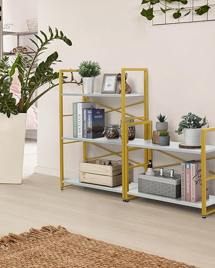 CAPHAUS 3 Tier Small Bookshelf, 24 Inch Width Free Standing Shelf, Bookcase Shelf Storage Organizer, Industrial Book Shelves for Home Office, Living Room, White Wooden Shelves & Gold Frame