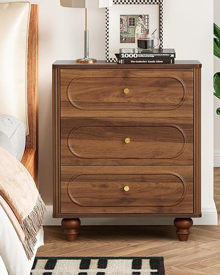 3 Drawer Fluted Dresser for Bedroom, Mid Century Modern Chest of Drawers, Wood Storage Small Dresser Organizer for Bedroom Living Room Hallway Closet, Walnut