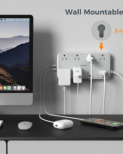 Power Strip Surge Protector 10 FT, TESSAN Flat Plug Extension Cord with 8 Outlets 3 USB Ports(1 USB C), 1080Joules Wall Mountable Multi Port Charging Station for Home Office Dorm Room Essentials