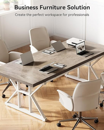 LITTLE TREE 70.8-Inch Large Executive Desk, Modern Computer Office Desk, Wooden Writing Desk Study Table for Home Office, Grey-White