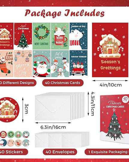 Thboxes 40 Pack Christmas Cards with Envelopes, 4x6 Inch Merry Christmas Cards, Funny Holiday Card with Envelopes & Stickers, 10 Assorted Designs Greeting Card for Xmas