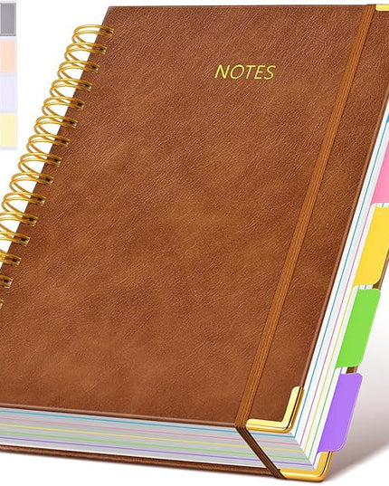 Hardcover Spiral Notebook Journal with Removable Dividers Tabs, 300 Pages Leather 5 Subject Notebook College Ruled, 8"x10" Large B5 Notebooks for Work School, Lined Journal for Men, Light Brown