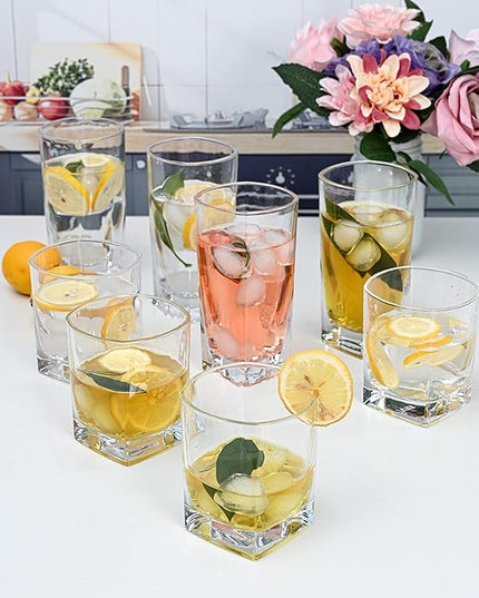 Collins Everyday Drinking Glasses Set of 16 Drinkware Kitchen Glasses for Cocktail, Iced Coffee, Beer, Ice Tea, Wine, Whiskey, Water, 8 Tall Highball Glass Cups & 8 Short Old Fashioned
