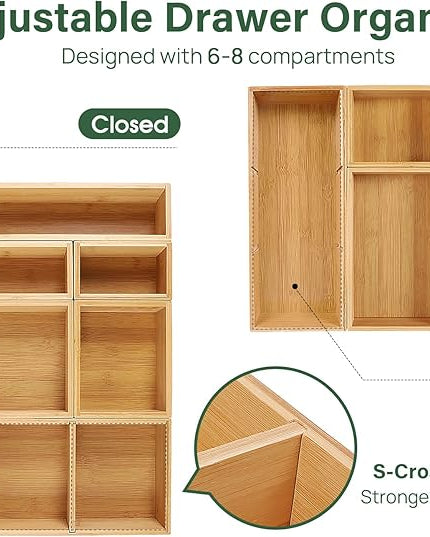 Kootek Bamboo Drawer Organizer with Removable Dividers, 6 Pcs Adjustable Kitchen Drawer Organizer Utensils Bamboo Organizers Silverware Storage Box Cutlery Tray Multi-Use for Bathroom, Makeup, Office