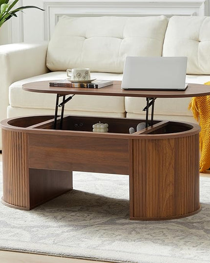 QHITTY Fluted Coffee Table with Lifting Top, Oval Wood Lift Top Coffee Table with Hidden Compartment, Mid Century Pull up Center Tables for Living Room, Office - Walnut