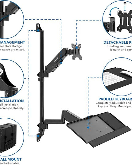 Mount-It! Wall Mount Workstation with Single Monitor Mount, Keyboard Tray and CPU Holder, Height Adjustable Full Motion Arms, Fits One 32 Inch Computer Screens
