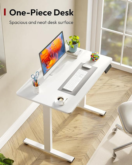 SANODESK Electric Standing Desk 40 x 24 Inches Whole-Piece Desktop Height Adjustable Stand Up Desk w/6-Button Controller Ergonomic Computer Desk for Home Office, White Frame + White Tabletop