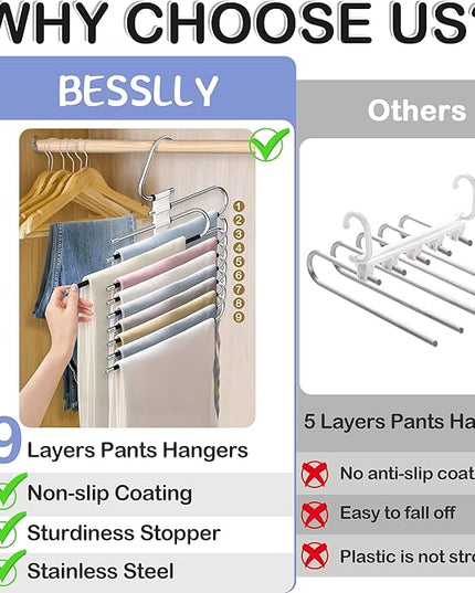 Upgrade Pant Hangers Space Saving, Non Slip Stainless Steel Multifunctional Pants Rack S-Type Clothes Pant Closet Hanger Organizer with Hooks for Pants Jeans Trousers Scarf Skirts (Pure White, 4 Pack)