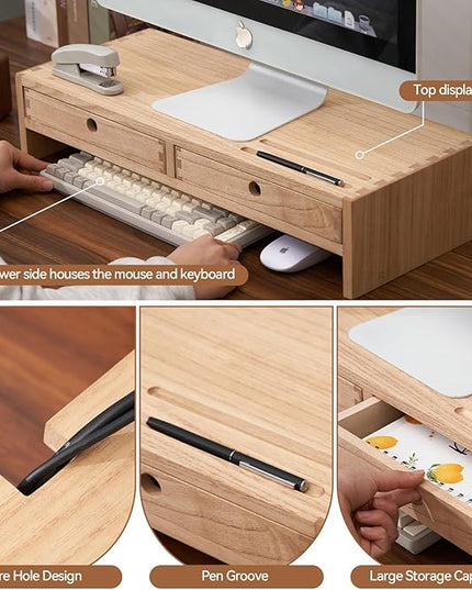KIRIGEN Wood Monitor Stand with 2 Drawers - Computer Arm Riser Desk Storage Organizer,Speaker TV Laptop Printer Stand with Pen Slot and Cable Management,2-Tier Desktop Shelf NA-2PMJ