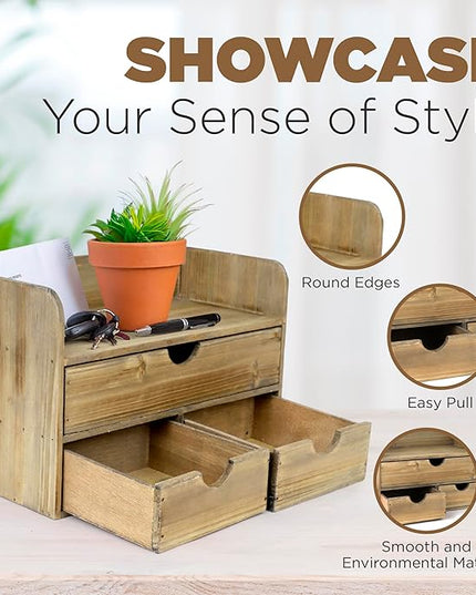Besti Wooden Office Desk Organizer - Organizing Tool for Desktop, Cubicle, Bedroom, Kitchen - Vintage Style Organization Caddy with Top Tray Shelf & 3 Drawers - 13.6x9x7 Inches (Rustic Burnt)