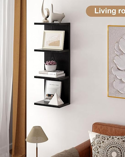 Fun Memories 4 Tier Wall Shelf Unit, Vertical Floating Shelf, Wall Mount Lack Shelving Home Decor Organizer Tall Tower Design Utility Shelving for Bedroom Living Room, Black