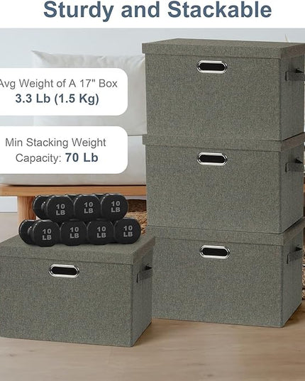 Large 17" 36 Quart Collapsible Stackable Storage Bins with Lids, 3 Packs Dark green Foldable Fabric Closet Storage Boxes with Lids, Heavy-duty Linen Cube Baskets(17x12x11)