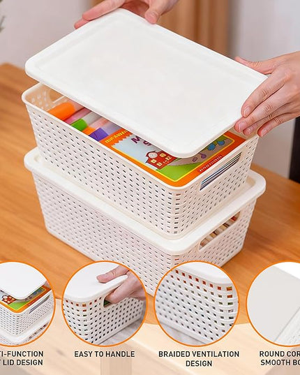 Plastic Storage Baskets With Lid, Storage Bins for Organizing, Stackable Decorative Containers for Shelves Drawers Desktop Closet Playroom Classroom Office, 8 Pack-White